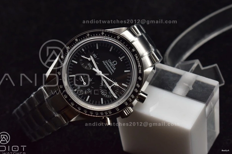 Speedmaster Movement Sapphire Back Crystal Winding OMF Transparent with Manual SS Chrono SS on Dial Black Bracelet MoonWatch 0106